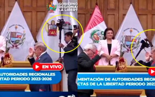 Camarógrafo se cae justo cuando César Acuña iba a jurar con gobernador de La Libertad