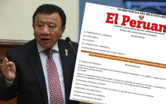 Congreso oficializó la suspensión del congresista Enrique Wong por 120 días