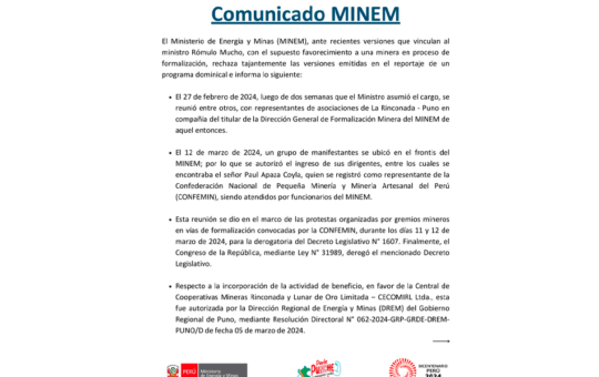MINEM RECHAZA SUPUESTO FAVORECIMIENTO A MINERA EN PROCESO DE FORMALIZACIÓN – RCR Peru